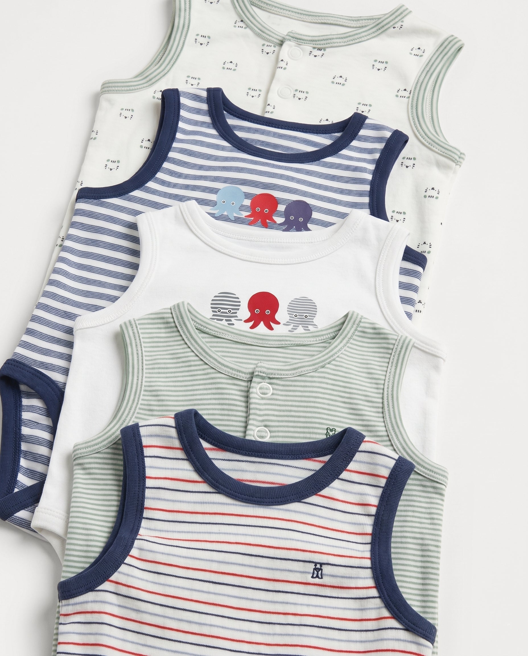 Stacked baby bodysuits showing neckline details, octopus graphic print, and sage green striped design with front button placket
