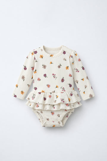 Newborn Girl Ribbed Cotton Ruffle Bodysuit - Cream Floral