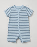 Dusky blue and slate stripe short-sleeve baby romper with diagonal snap button front, flat lay on white background