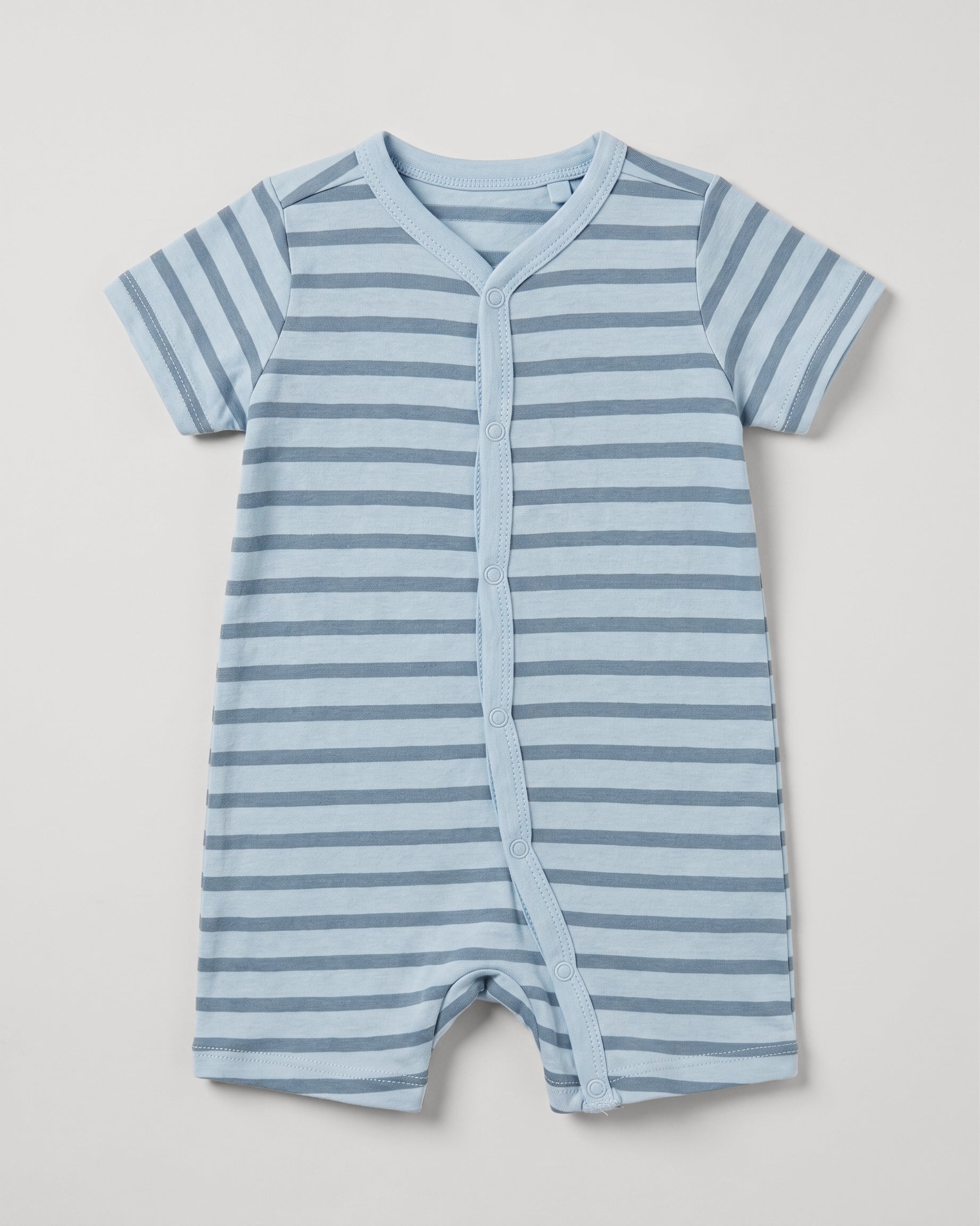 Dusky blue and slate stripe short-sleeve baby romper with diagonal snap button front, flat lay on white background