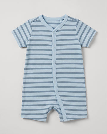 Dusky blue and slate stripe short-sleeve baby romper with diagonal snap button front, flat lay on white background