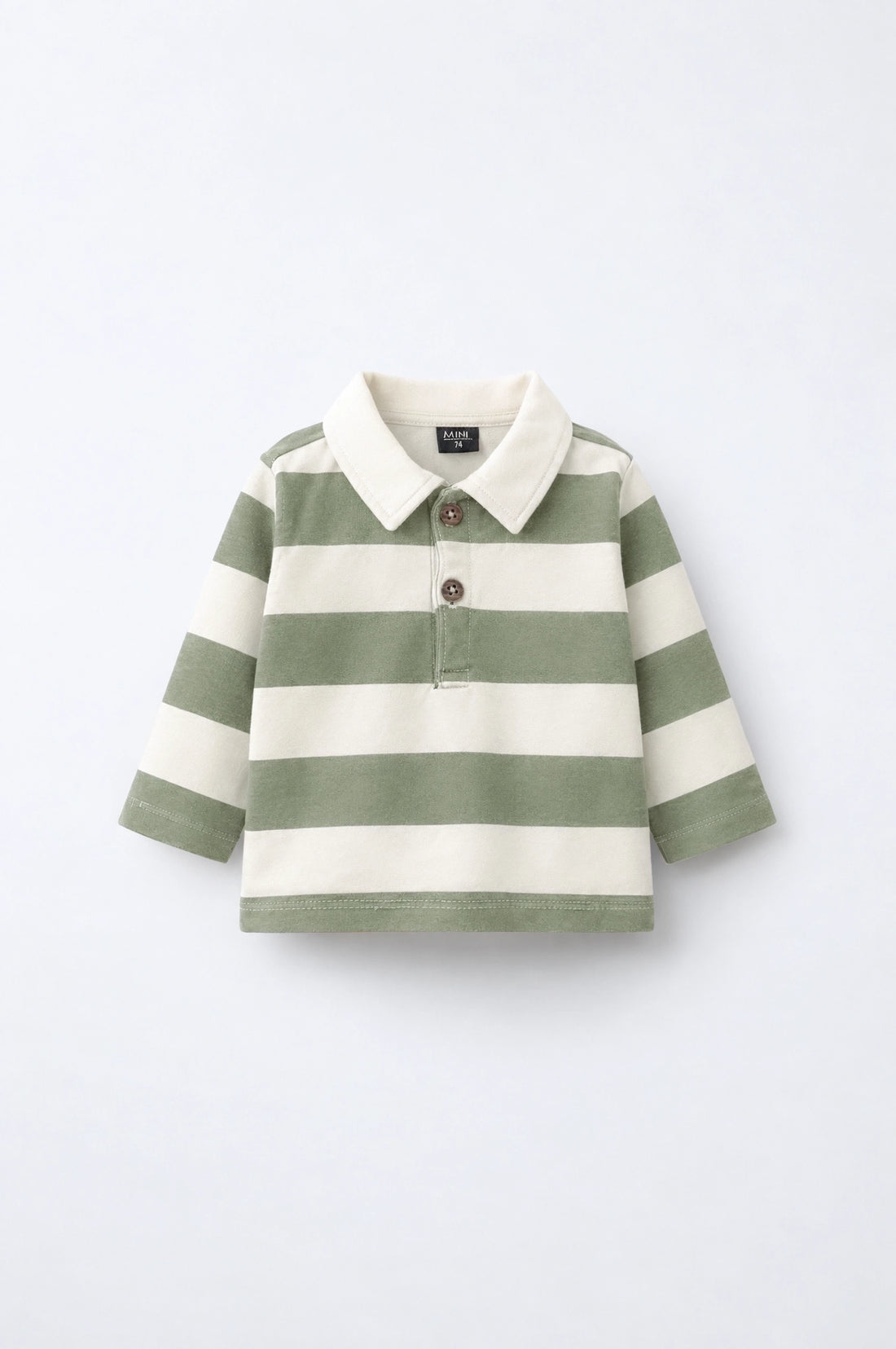 PTex Fashion baby striped polo sweatshirt in sage green and cream, front view