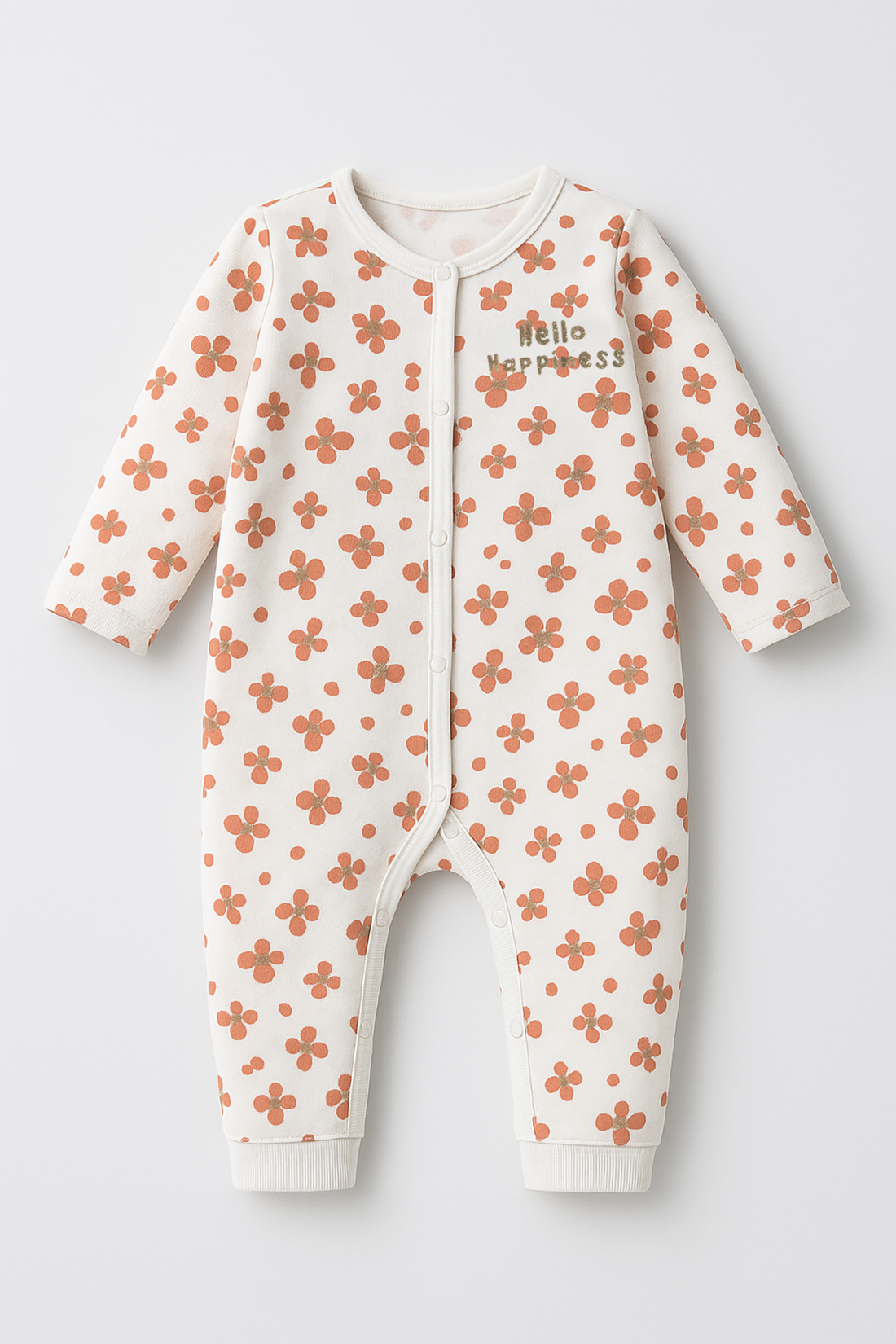 Baby romper with floral pattern and 'Hello World' text on a light gray background