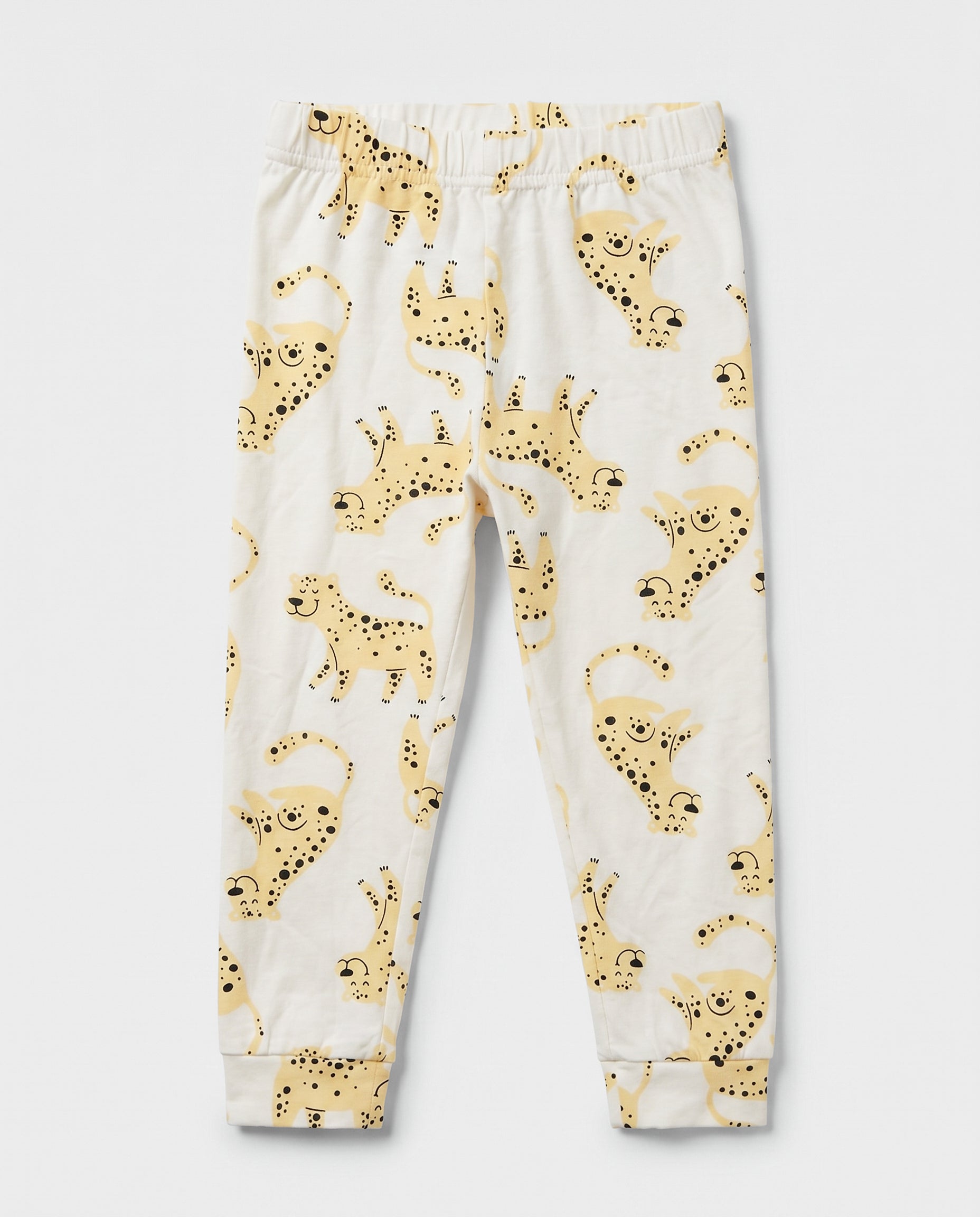 Baby cotton leggings in off-white with all-over yellow spotted animal print, elasticated waistband and ribbed ankle cuffs, flat lay view