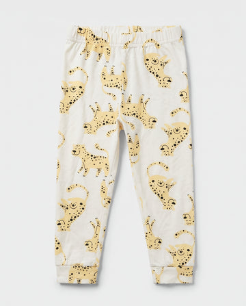 Baby cotton leggings in off-white with all-over yellow spotted animal print, elasticated waistband and ribbed ankle cuffs, flat lay view
