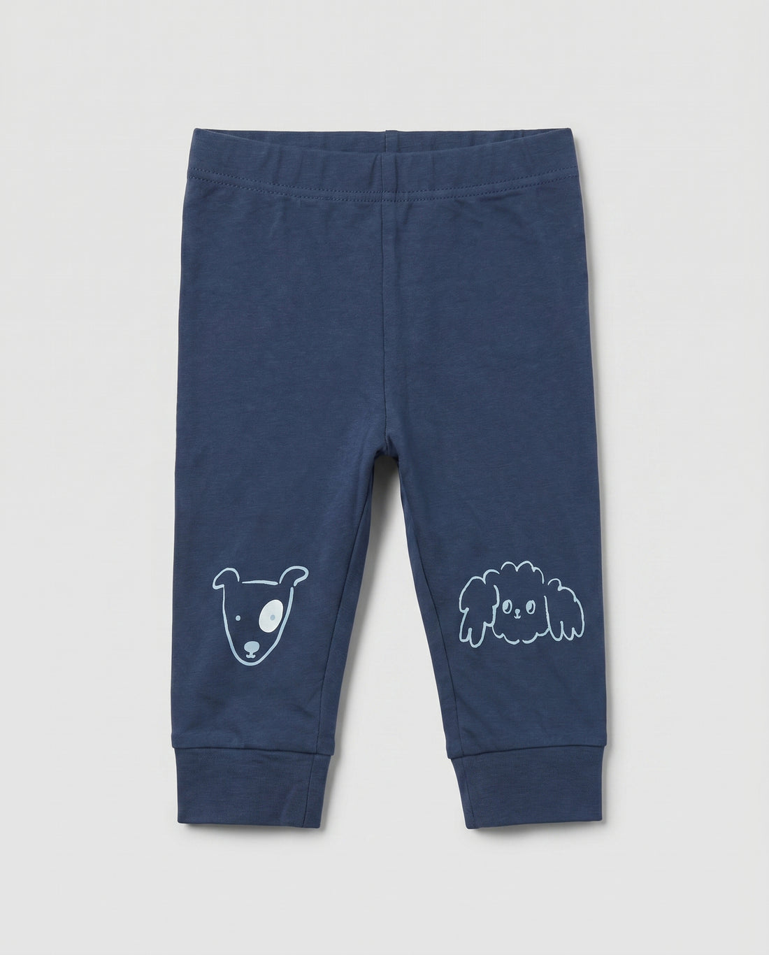 PTex Fashion navy blue baby knit jogger pants with cute hand-drawn animal face prints on the knees and ribbed cuffed ankles, laid flat on a light grey background
