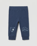 PTex Fashion navy blue baby knit jogger pants with cute hand-drawn animal face prints on the knees and ribbed cuffed ankles, laid flat on a light grey background