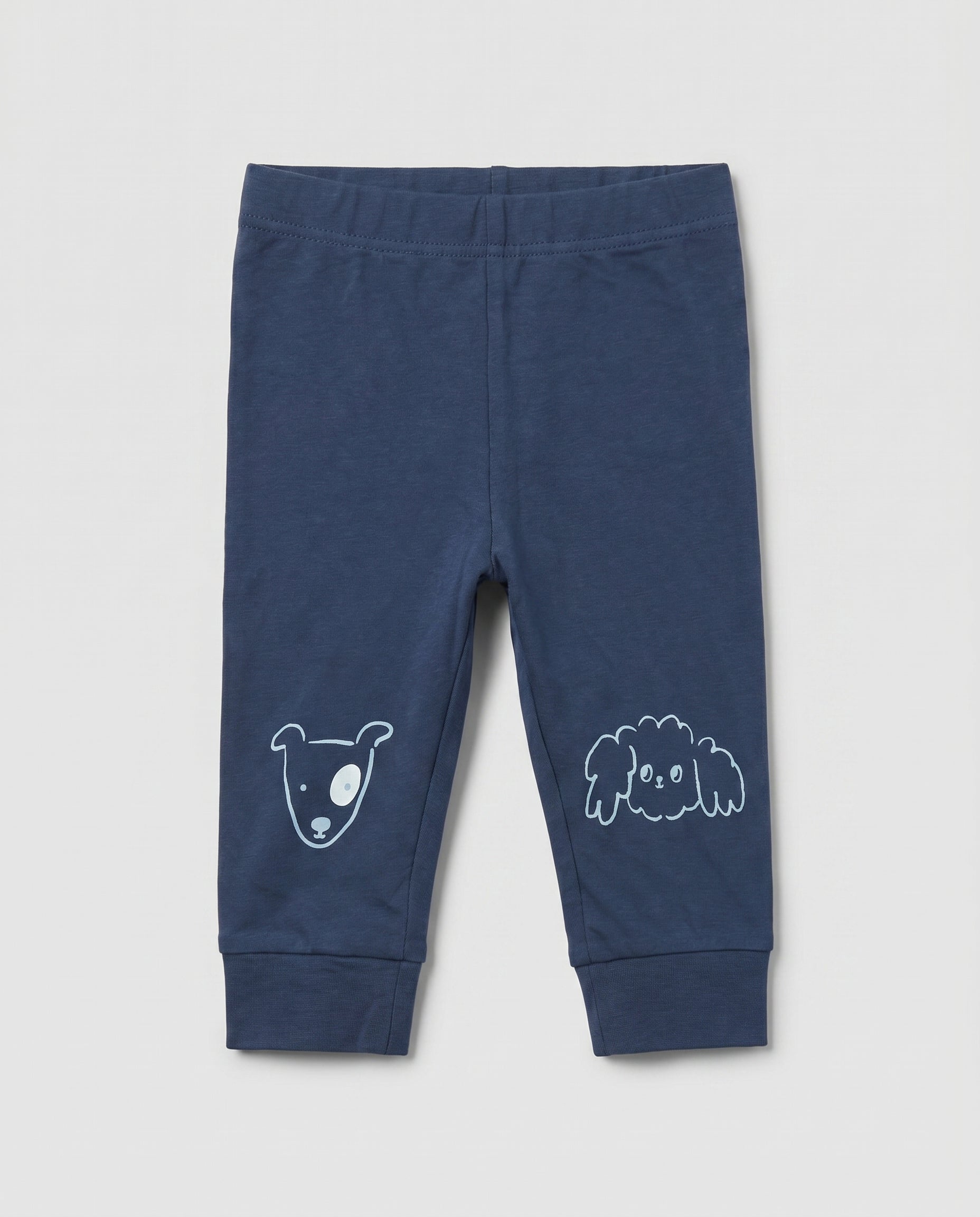 PTex Fashion navy blue baby knit jogger pants with cute hand-drawn animal face prints on the knees and ribbed cuffed ankles, laid flat on a light grey background