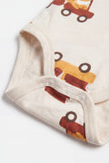 PTex Fashion cream baby bodysuit detail of three-popper crotch fastening and printed cotton jersey