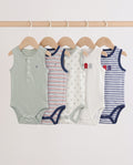 Five baby sleeveless bodysuits in mixed stripe and print designs hanging on wooden hangers — sage stripe, red multi-stripe, cream print, white octopus graphic, and blue stripe