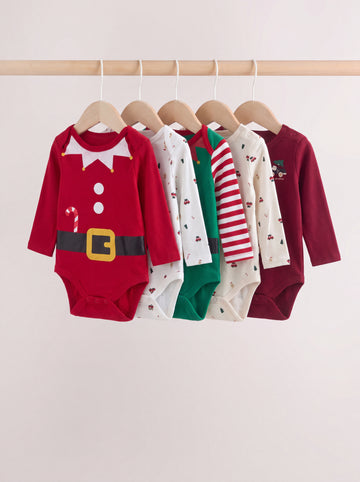 PTex Fashion baby 5-pack Christmas long sleeve bodysuits on wooden hangers in Santa suit, festive print, elf suit, holiday car print and deep red styles