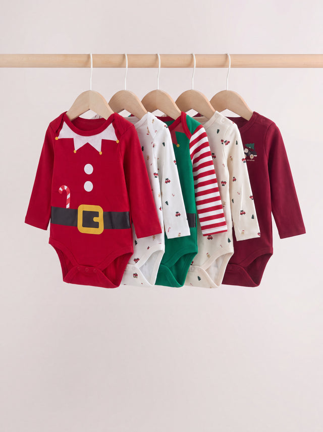 PTex Fashion baby 5-pack Christmas long sleeve bodysuits on wooden hangers in Santa suit, festive print, elf suit, holiday car print and deep red styles