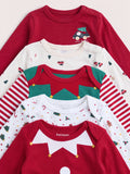 PTex Fashion 5-pack Christmas baby bodysuits stacked, showing envelope and popper shoulder necklines with festive prints