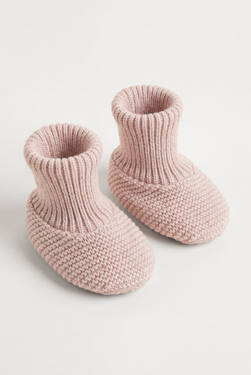 PTex Fashion dusty pink anti-slip knitted baby booties with ribbed cuff, pair shown at an angle