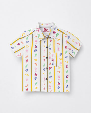 Off White printed cotton short sleeve shirt for boys with colorful patterns and striped design