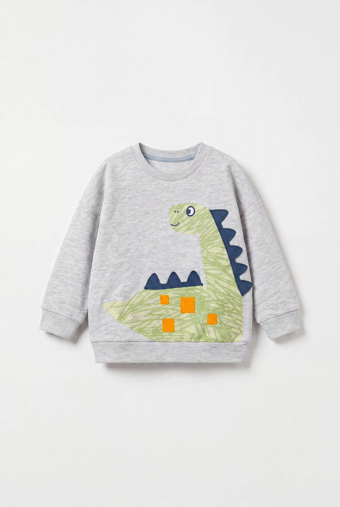 PTex Fashion baby boy grey marl crew-neck sweatshirt with green dinosaur appliqué print, flat-lay front view