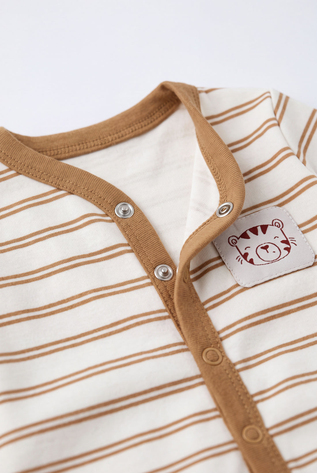 Brown Striped Cotton Baby Romper with Tiger Patch – Full Sleeves & Footed Design