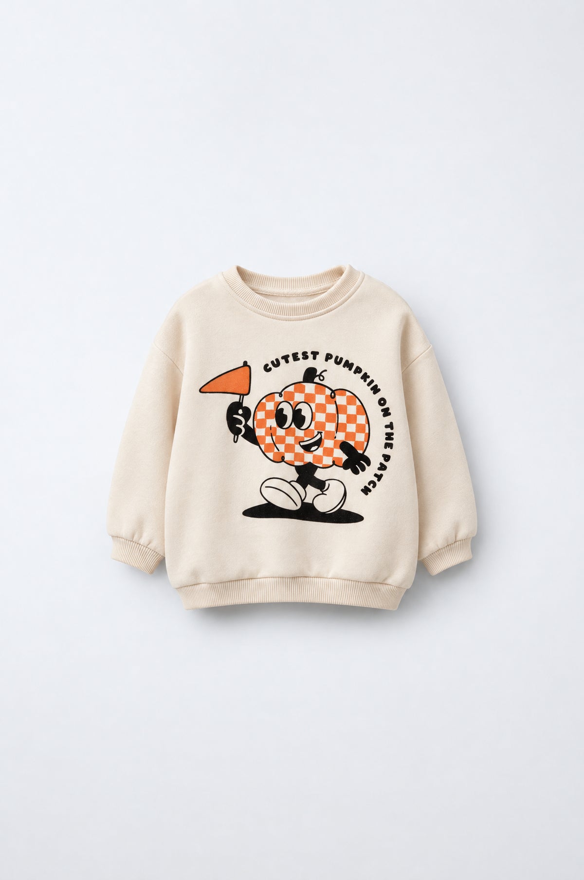 PTex Fashion cream relaxed-fit kids’ sweatshirt with pumpkin graphic, front flat lay