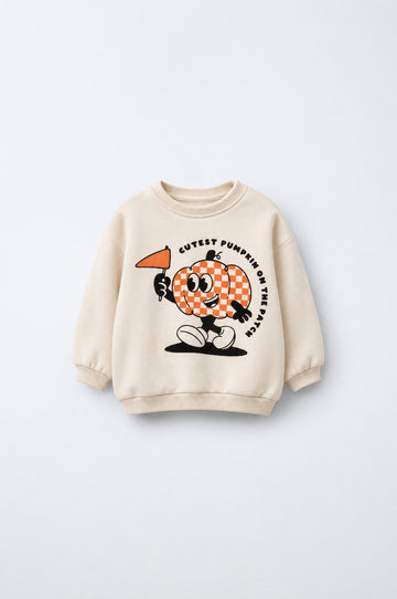 PTex Fashion cream relaxed-fit kids’ sweatshirt with pumpkin graphic, front flat lay