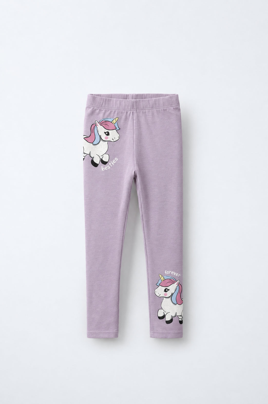 Baby girl lilac leggings with colourful unicorn graphics, elasticated waistband and pink, blue, yellow and white print details.