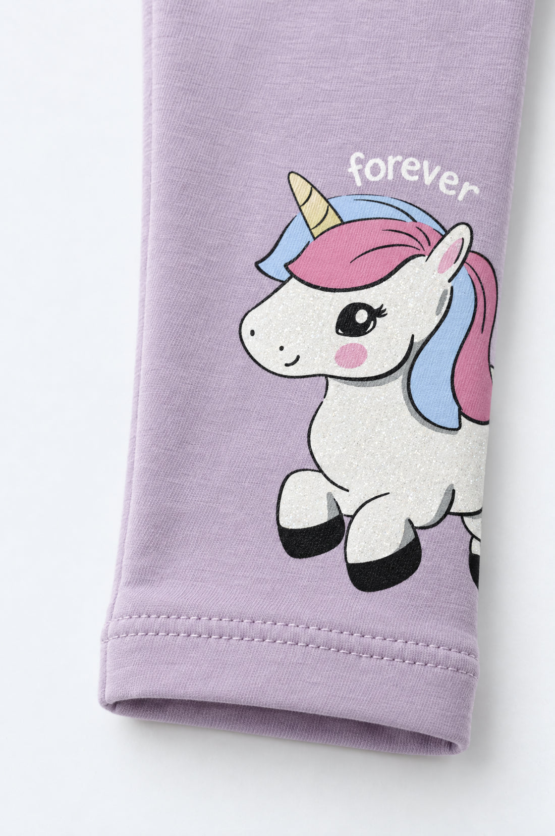 Baby girl lilac leggings with colourful unicorn graphics, elasticated waistband and pink, blue, yellow and white print details.