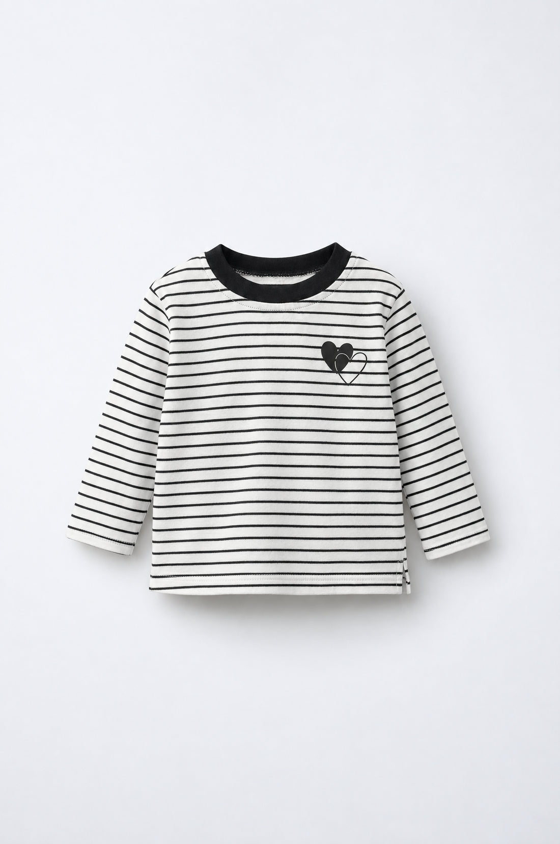 Baby girl long sleeve cotton T-shirt with striped design, soft crew neckline and heart detail for comfortable everyday wear.