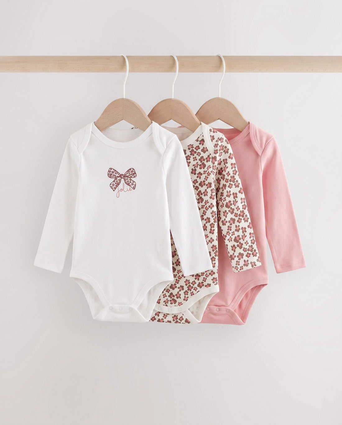 Baby girls 3 pack soft cotton full sleeve bodysuit in white, pink and floral print on hangers – PTex Fashion