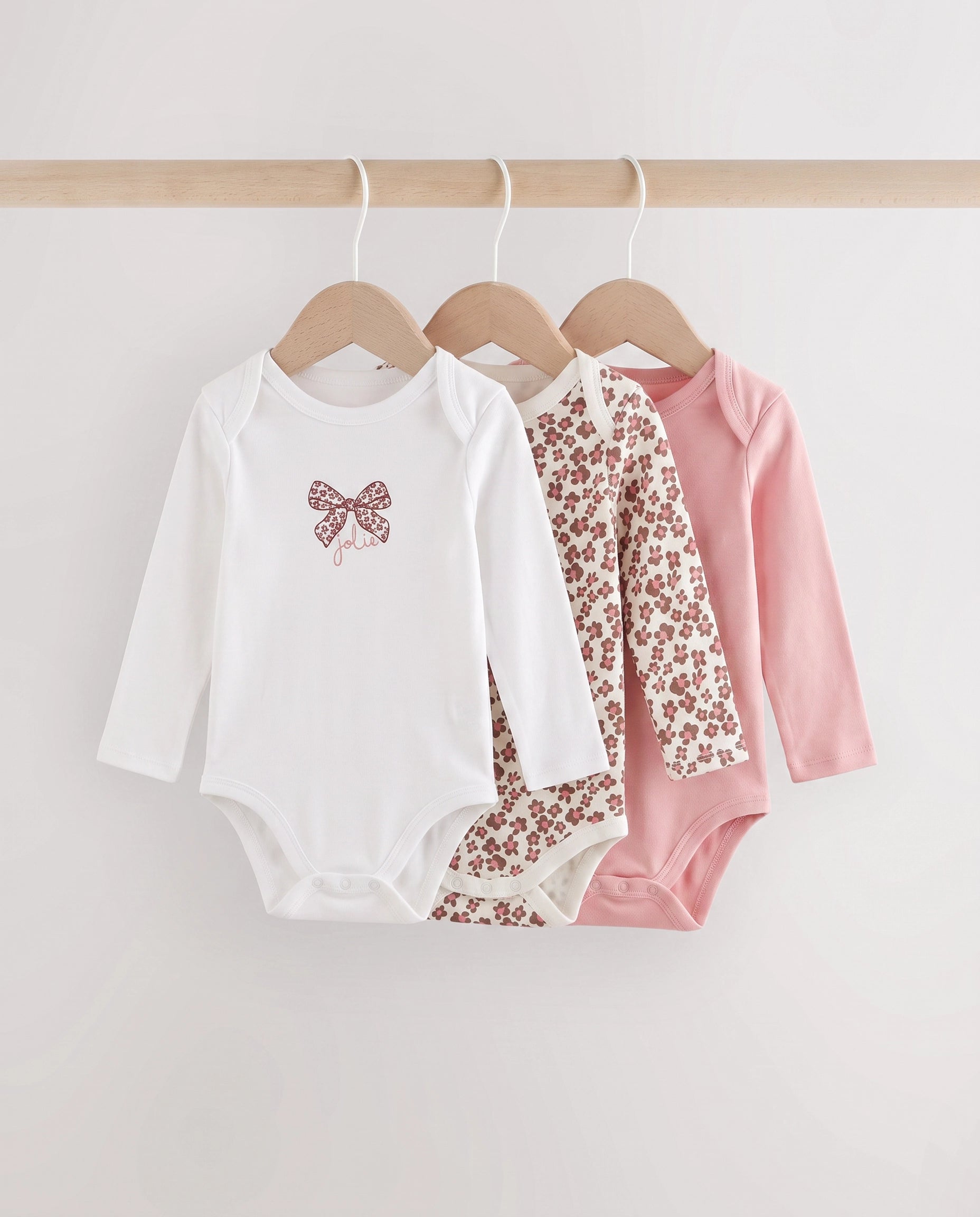 Baby girls 3 pack soft cotton full sleeve bodysuit in white, pink and floral print on hangers – PTex Fashion