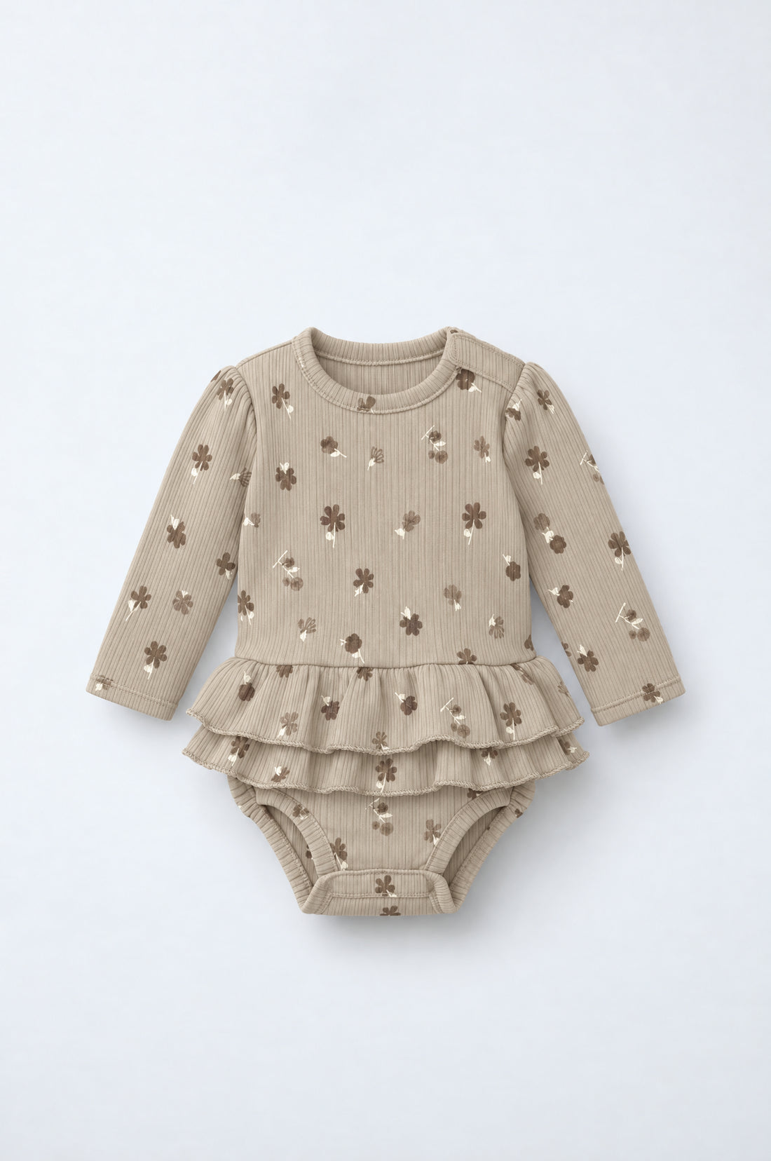 PTex Fashion baby girl long-sleeve taupe ribbed bodysuit with brown floral print and two-tier ruffle peplum