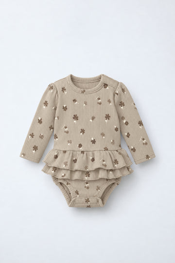 PTex Fashion baby girl long-sleeve taupe ribbed bodysuit with brown floral print and two-tier ruffle peplum
