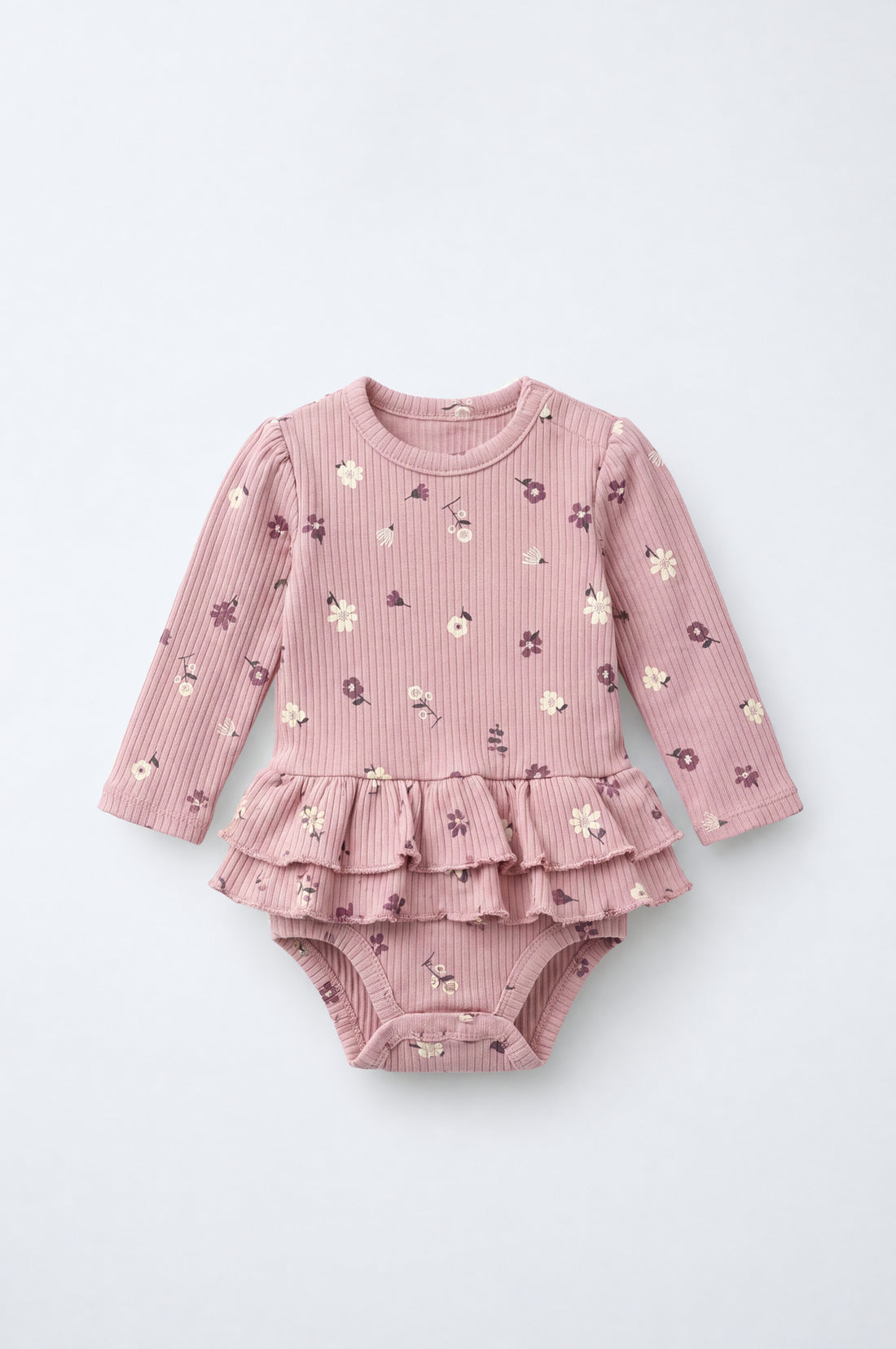 PTex Fashion baby girl long-sleeve dusty pink ribbed bodysuit with floral print and two-tier ruffle peplum