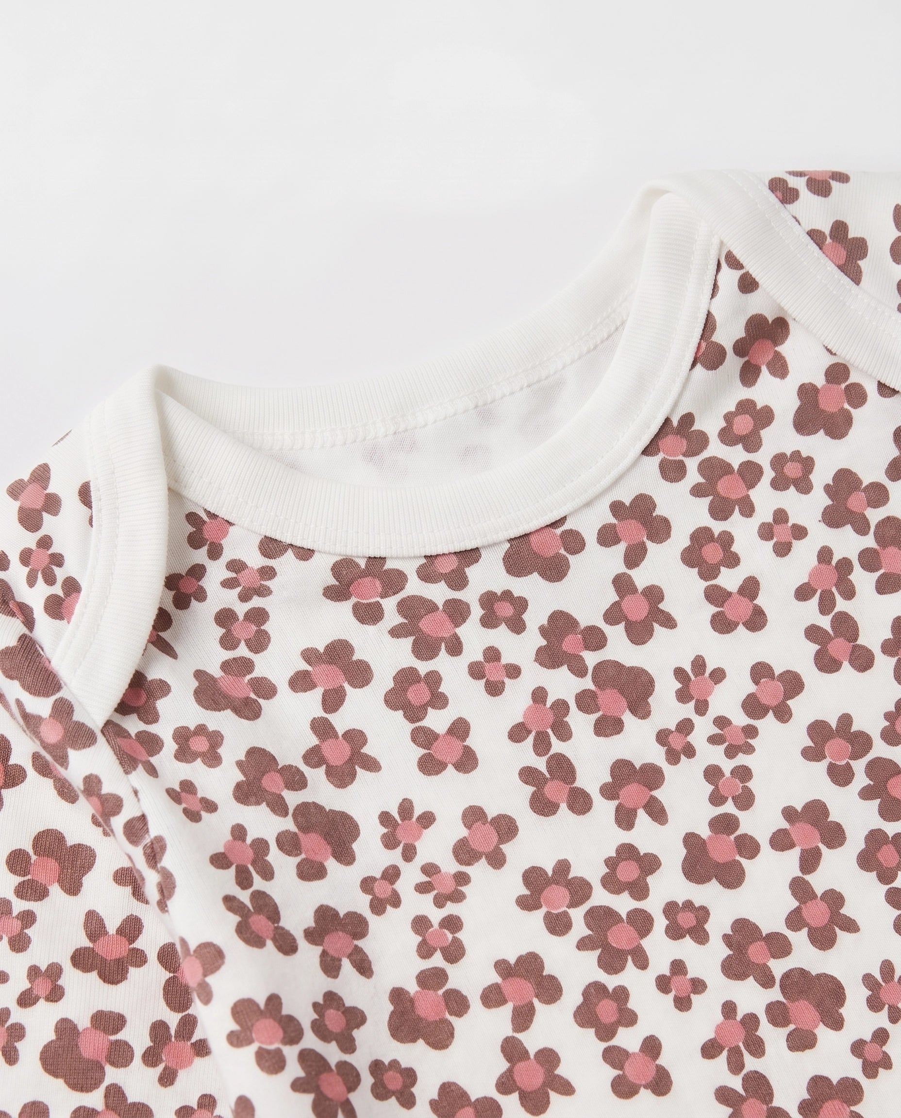 Close up of ribbed round neckline on baby girls floral print cotton bodysuit – PTex Fashion