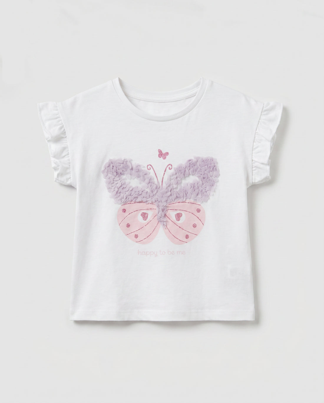 Baby girls' white cotton t-shirt with glittery butterfly print and lilac 3D ruffle wings