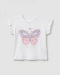 Baby girls' white cotton t-shirt with glittery butterfly print and lilac 3D ruffle wings