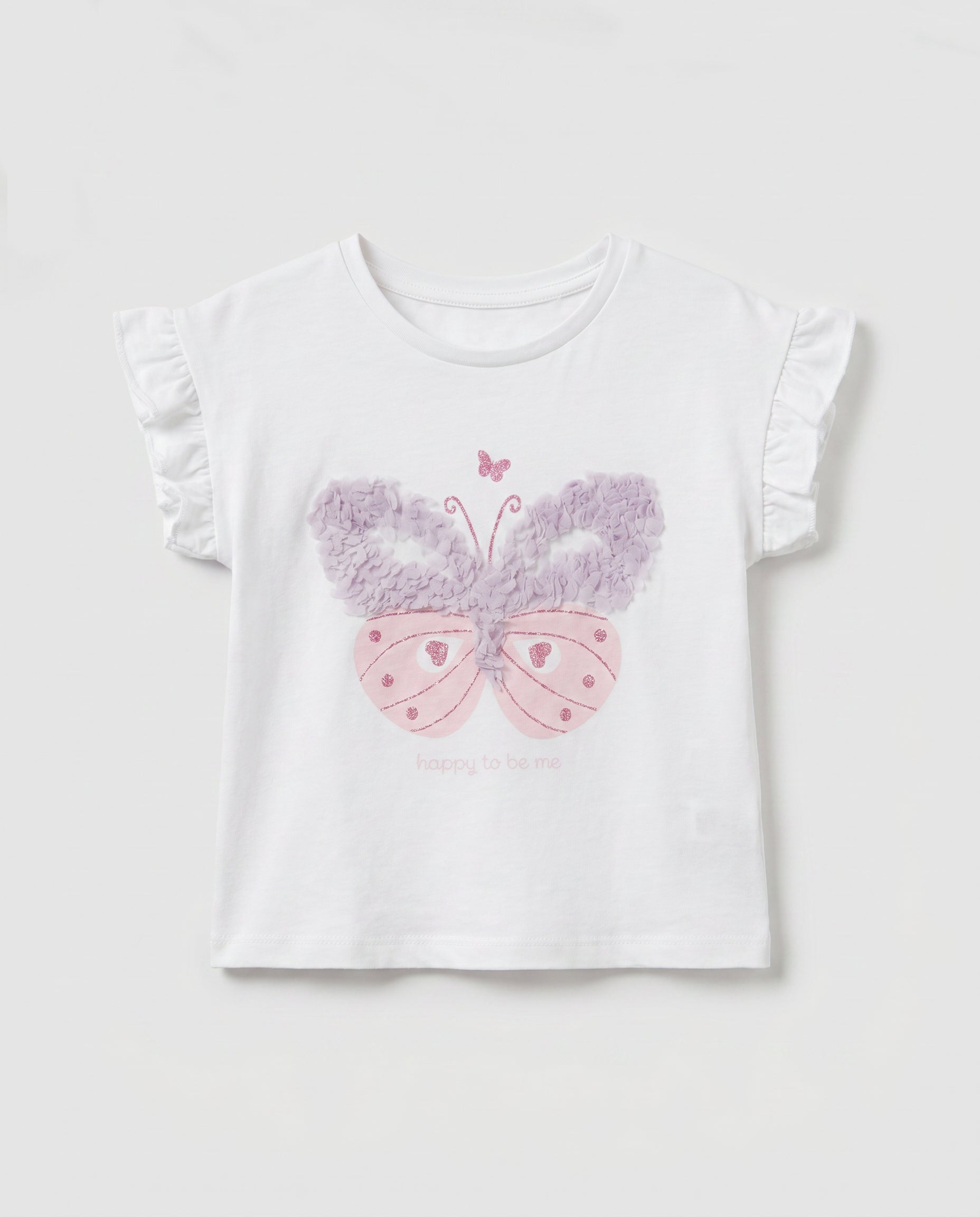 Baby girls' white cotton t-shirt with glittery butterfly print and lilac 3D ruffle wings