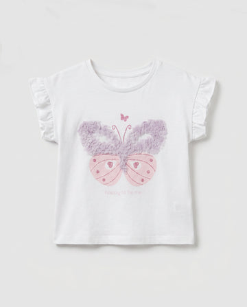 Baby girls' white cotton t-shirt with glittery butterfly print and lilac 3D ruffle wings