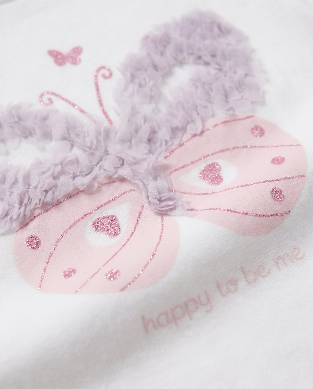 Baby girls' white cotton t-shirt with glittery butterfly print and lilac 3D ruffle wings