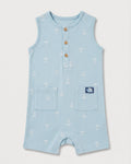 Full front view of baby boys' sleeveless blue anchor print romper with patch pockets and boat badge detail
