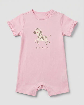 Blush pink baby girl romper with zebra graphic print, "born to stand out" slogan, and frill sleeves, flat lay on white background