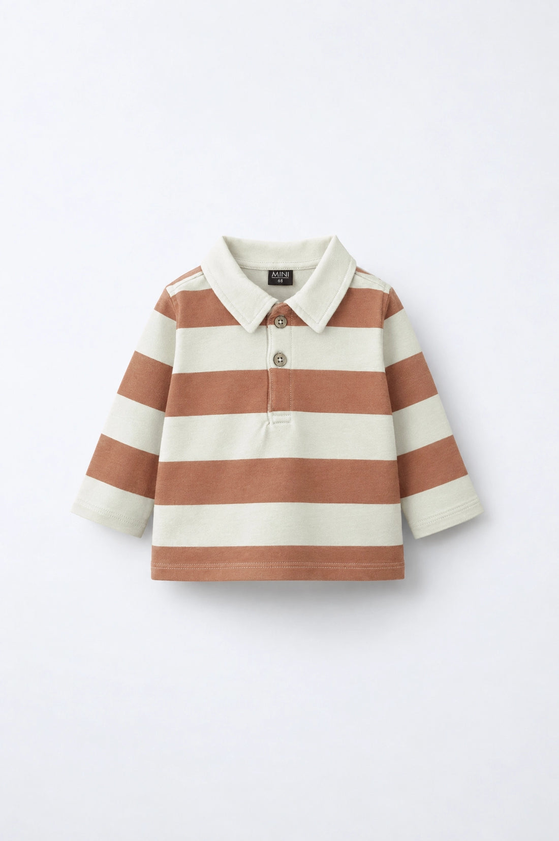 PTex Fashion baby striped polo sweatshirt in rust orange and cream, front view
