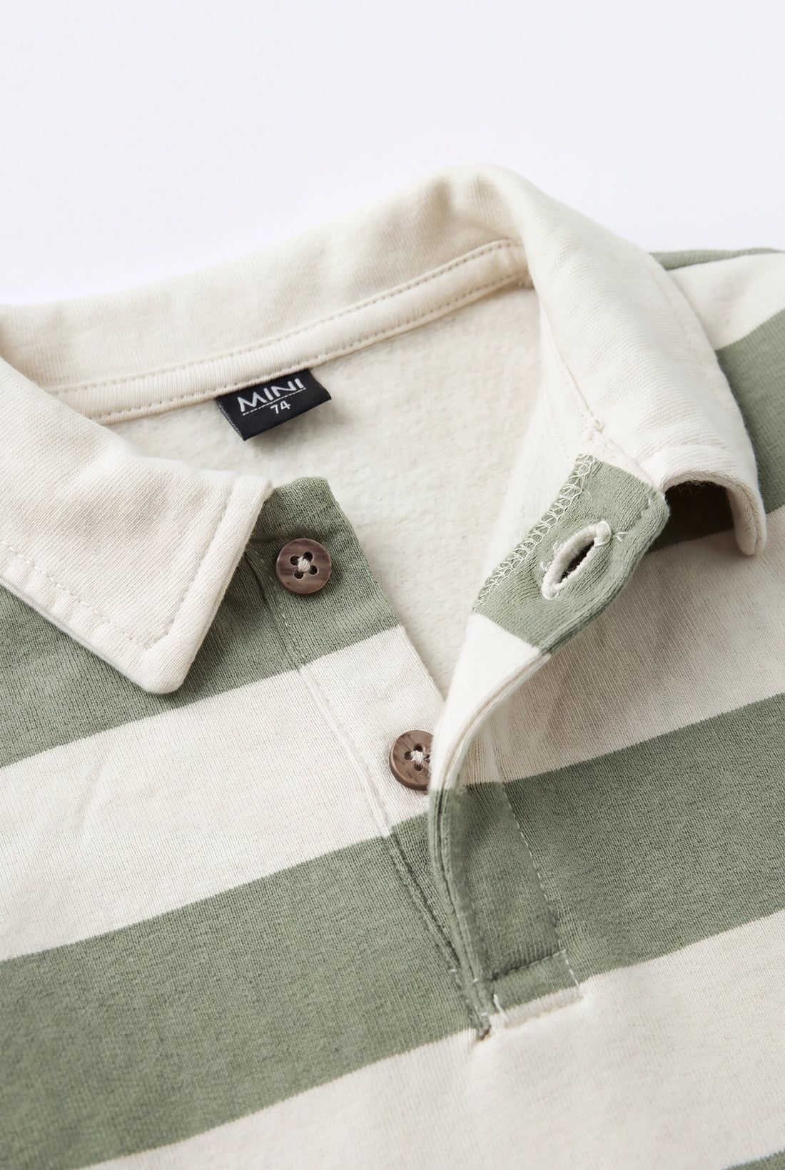 PTex Fashion baby striped polo sweatshirt in sage green and cream, front view