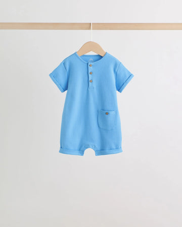Blue Ribbed Cotton Short-Sleeve Baby Romper