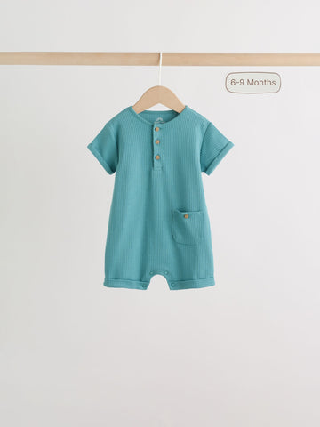 Teal Ribbed Cotton Short-Sleeve Baby Romper