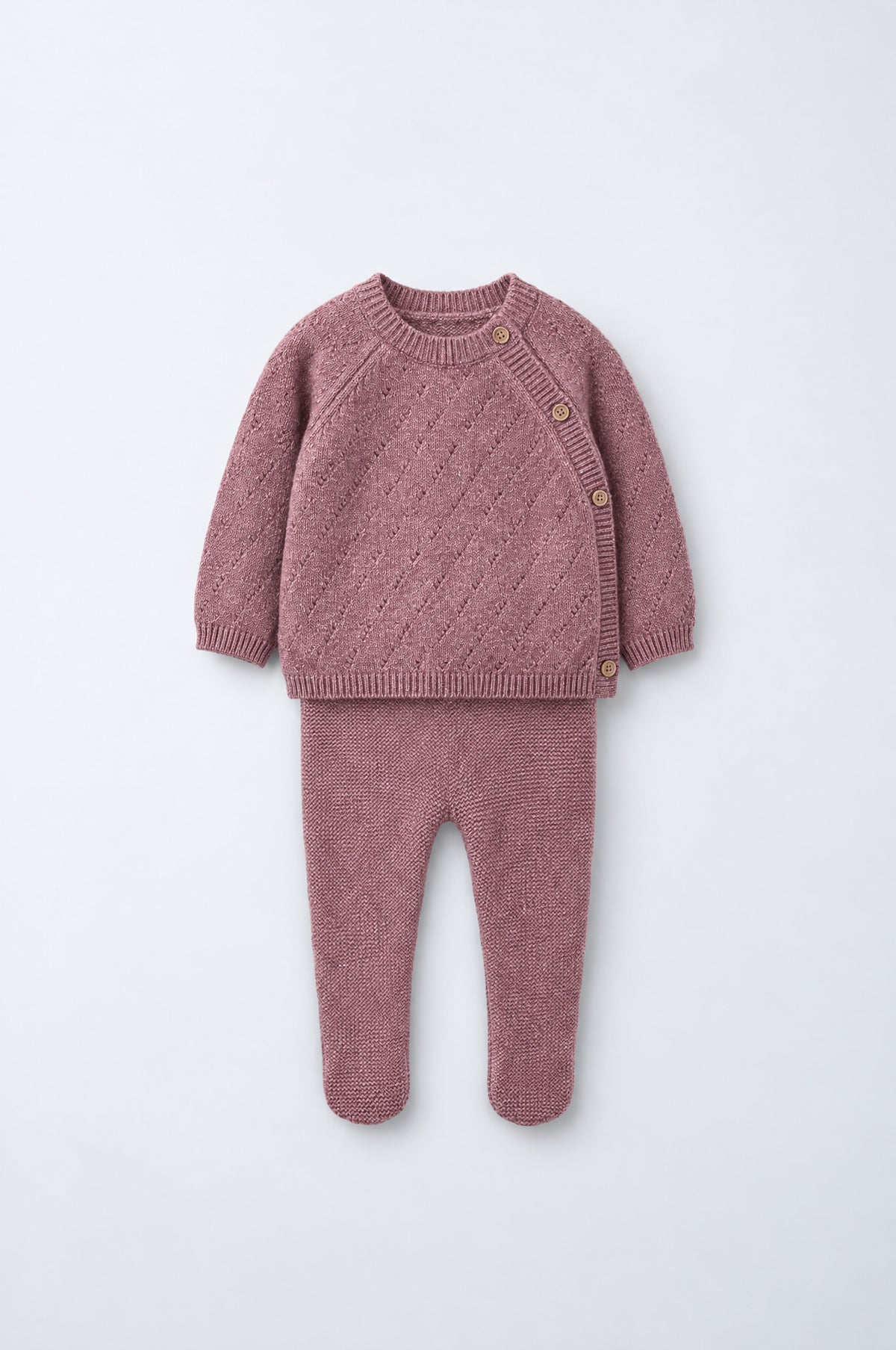 PTex Fashion baby pointelle knit sweater and footed leggings set in dusty rose, front view