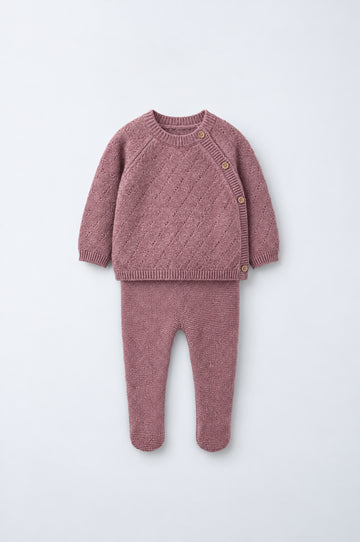 PTex Fashion baby pointelle knit sweater and footed leggings set in dusty rose, front view
