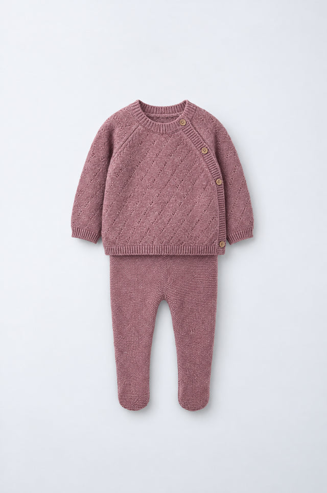 PTex Fashion baby pointelle knit sweater and footed leggings set in dusty rose, front view
