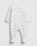 PTex Fashion off-white baby footed romper with allover arctic polar bear, penguin and igloo print, flat lay