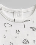 PTex Fashion baby romper close-up showing ribbed neckline, back popper closure and printed arctic detail