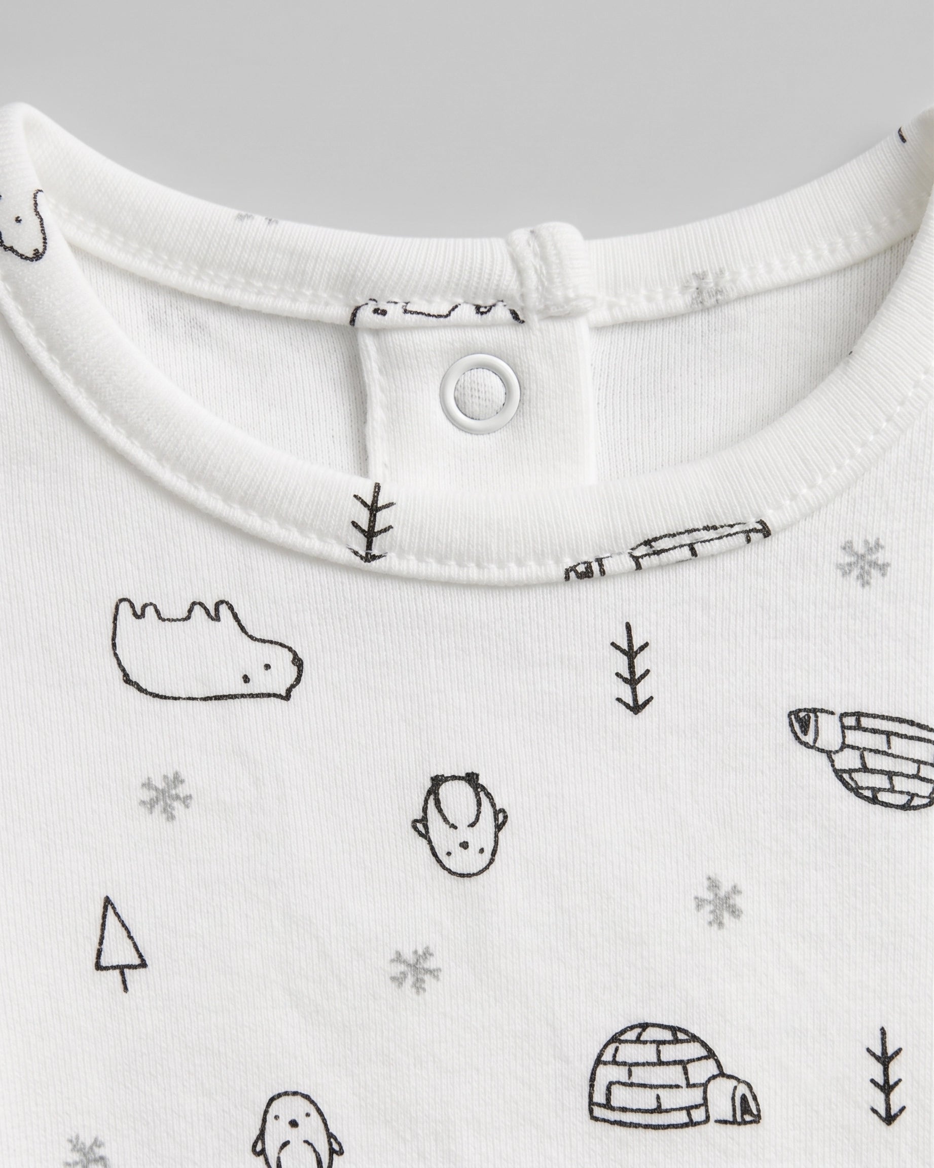 PTex Fashion baby romper close-up showing ribbed neckline, back popper closure and printed arctic detail