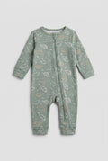 Sage green dinosaur print baby romper with two-way front zipper